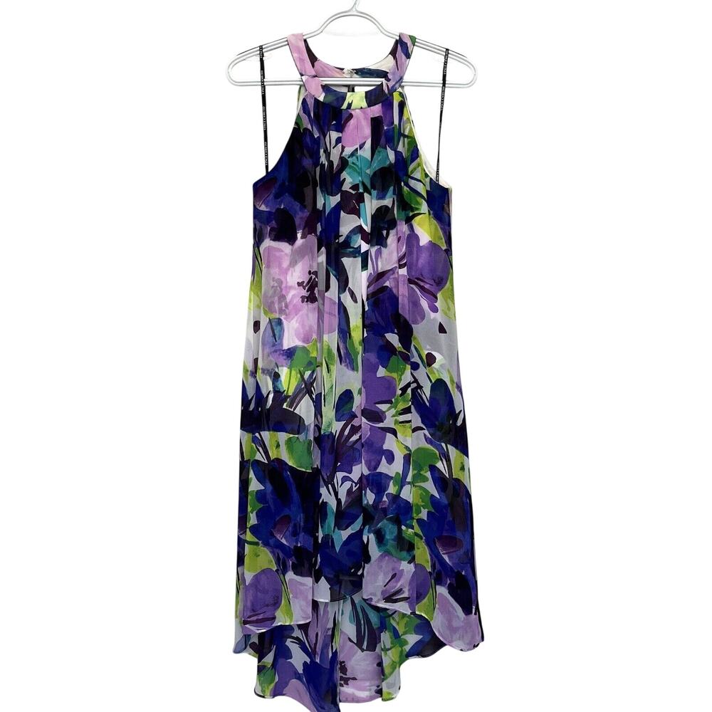 Vince Camuto | White Purple Floral Chiffon Overlay Sleeveless Hi Low Dress Sz 4 - Picture 2 of 7